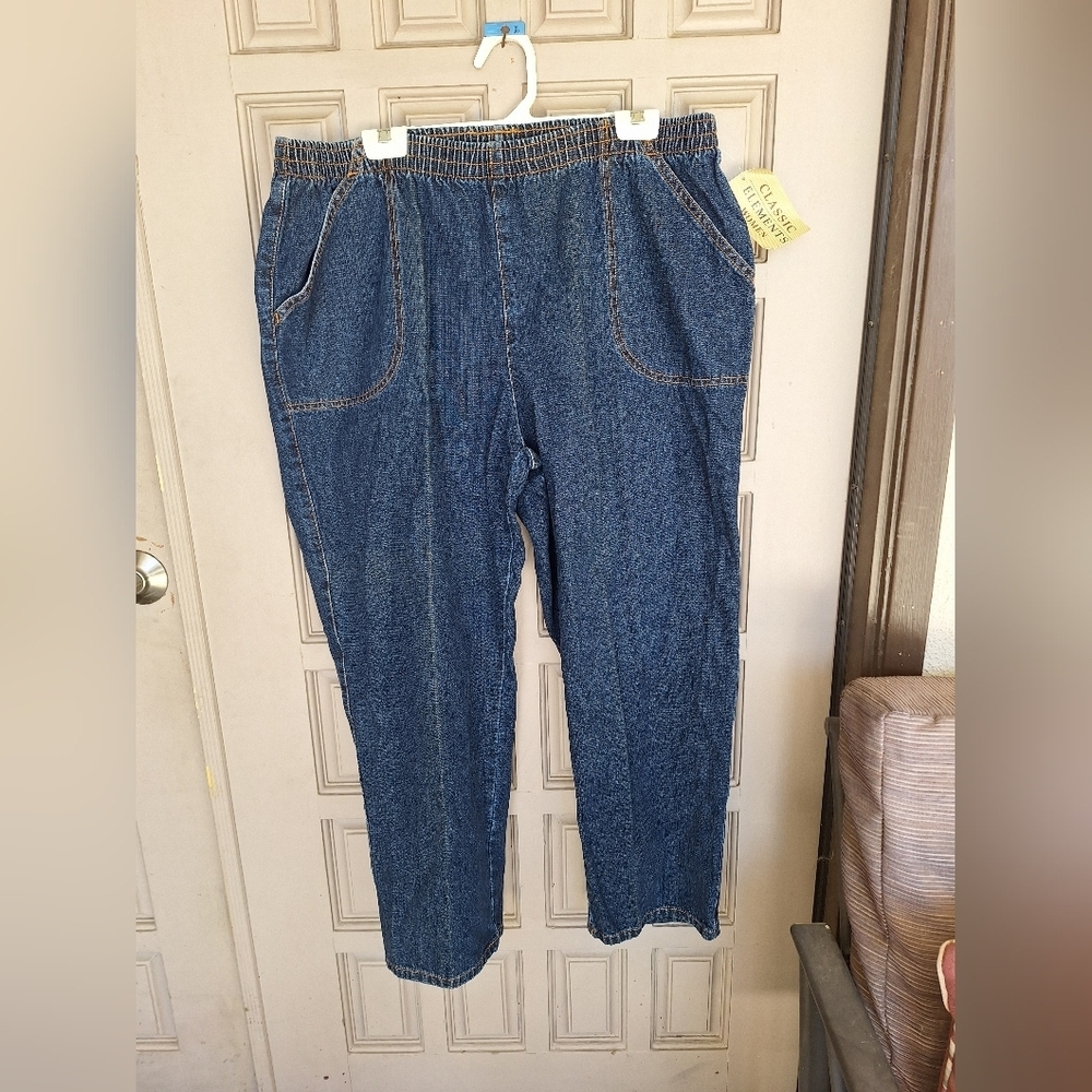 Classic Elements Woman Plus Sz18P Jeans NWT Elastic Waist Pockets Drk Wash